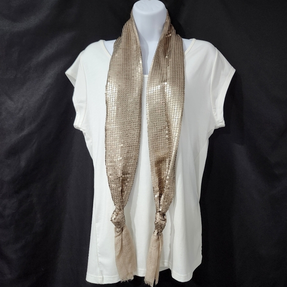Taupe Sequin Scarf Raw Edge Glam Party Holiday Sparkle Shimmer Rave Disco - Picture 1 of 3
